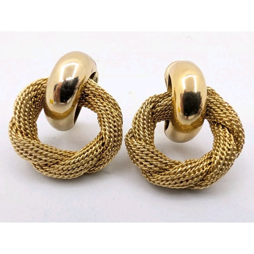Vtg. Monet Gold Tone Earrings clip on Entwined twisted Rings Eternity Knot 1.15"